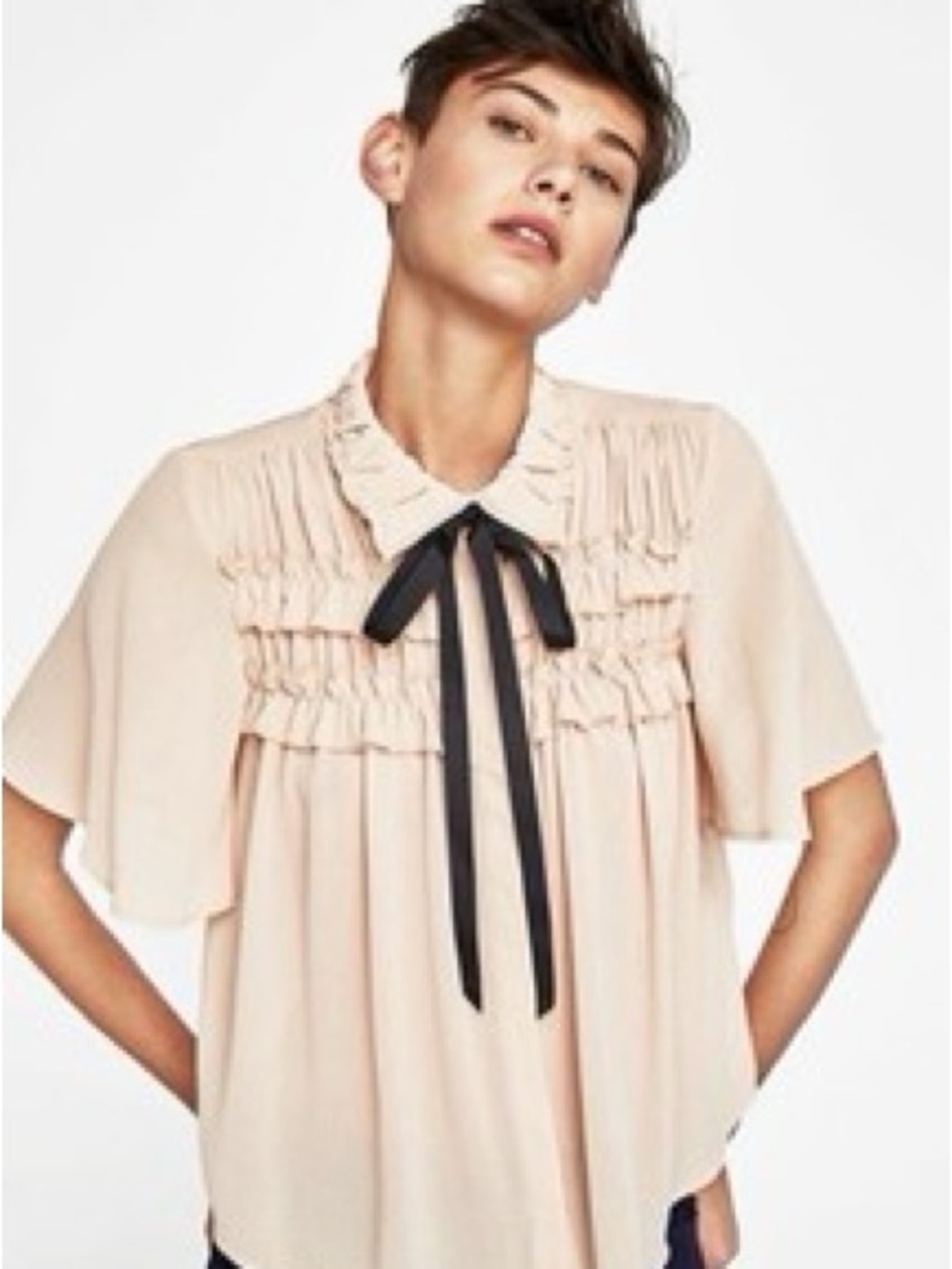 Zara Ivory Ruffled Pearl-Button Blouse